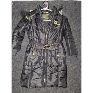 Vintage Rocawear Black Puffer Coat with Fur Trimmed Hood And Belt